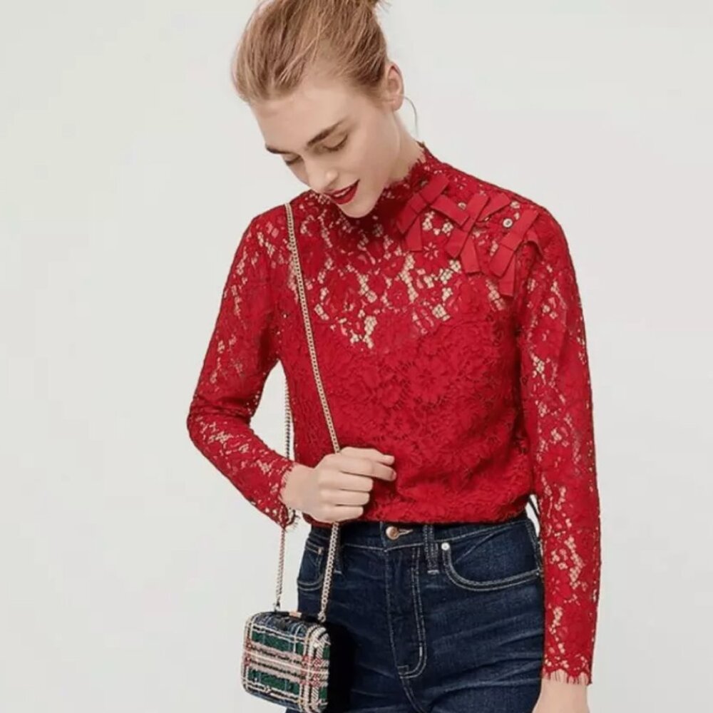 NWT J.CREW red LACE long sleeve w/ CAMI elegant dressy SHIRT Size 4